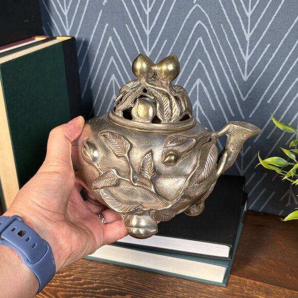 Vintage Chinese Peach Form Incense Burner with Qianlong Mark Tripod Censer - Picture 12 of 17